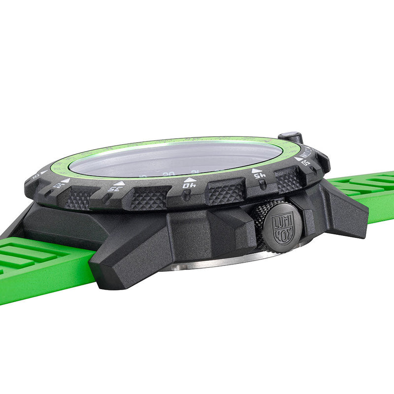 Rugged sports watch with a black case and bright green strap.