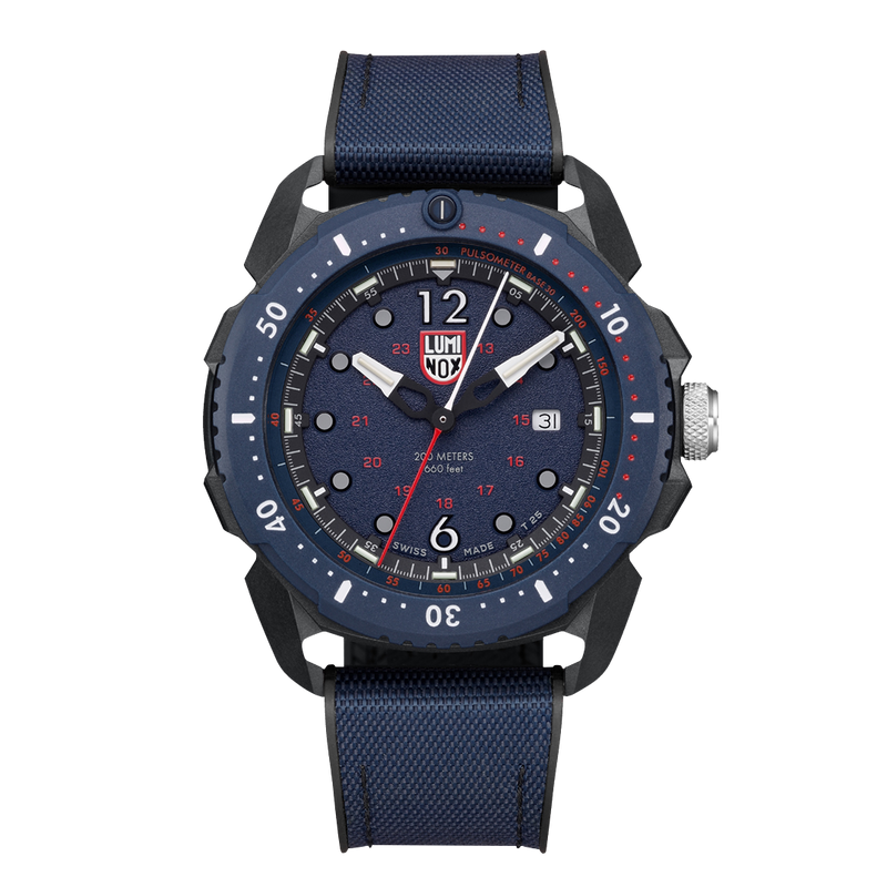 Navy blue sports watch with a round face and fabric strap.