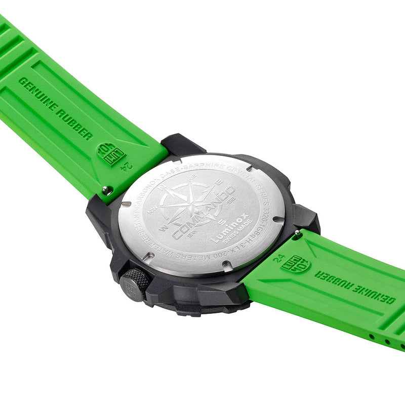 Wristwatch with a bright green rubber strap and black casing.