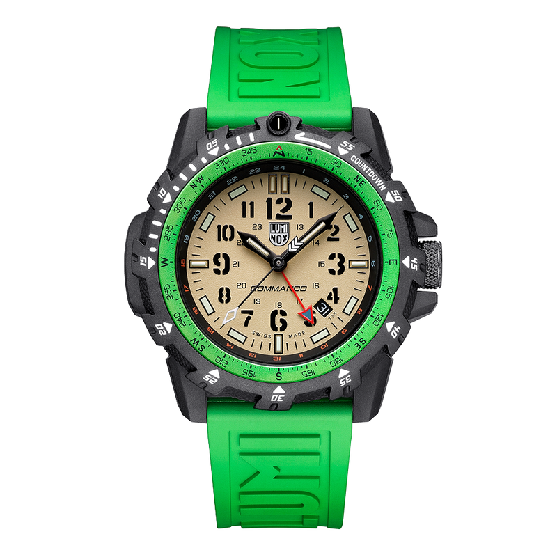 Rugged sports watch with a bright green strap and bezel surrounding a tan-colored dial.