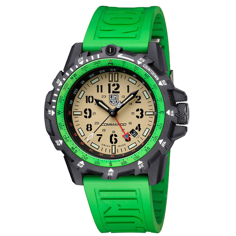 Sporty wristwatch with a bright green strap and bezel surrounding a tan-colored dial.