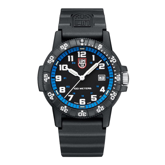 Black sports watch with a blue and white dial featuring the Luminox logo.