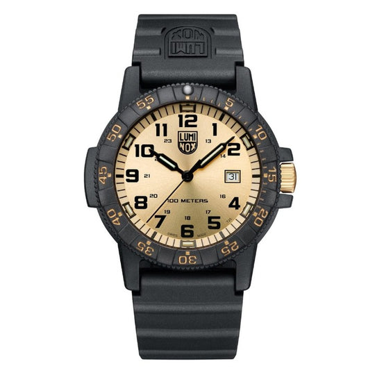 Rugged black wristwatch with a beige dial and luminous numerals.