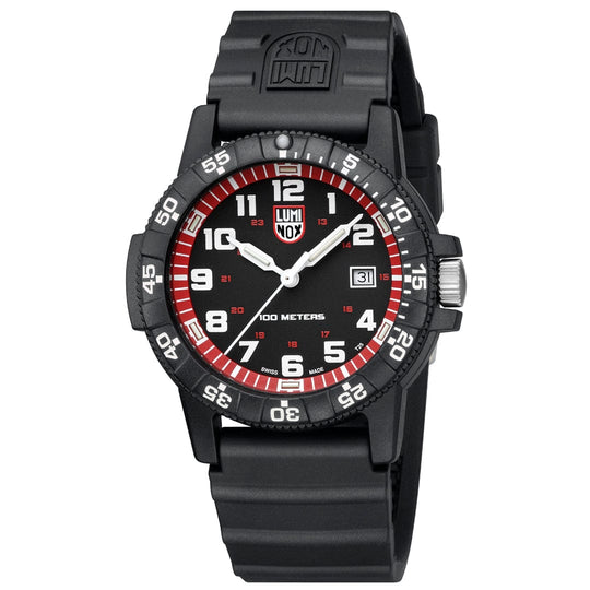 Black sports watch with a red and white dial featuring luminous numerals and hands.