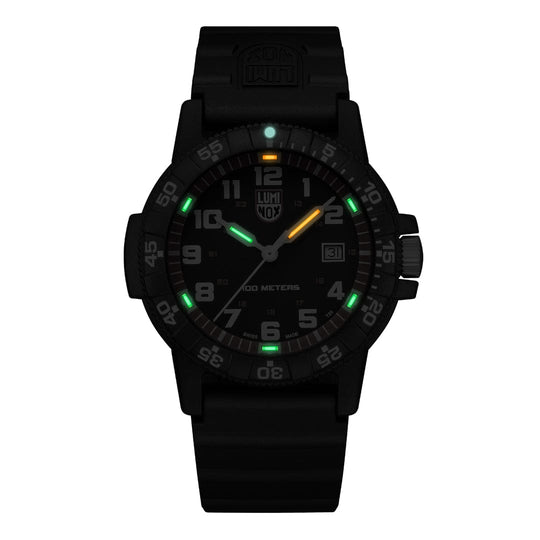 Black tactical wristwatch with luminous markings on the dial.