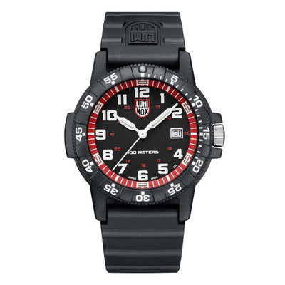 Black sports watch with a red and white dial featuring luminous numerals and hands.