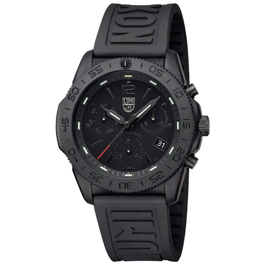 Black tactical-style wristwatch with a rubber strap and chronograph features.