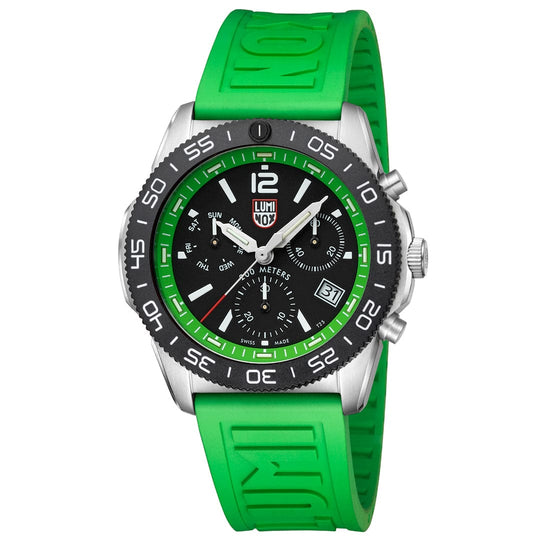 Sporty wristwatch with a bright green rubber strap and black dial with green accents.