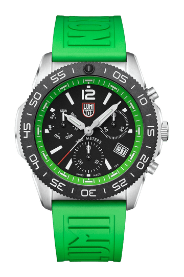 Sporty wristwatch with a black dial, green bezel, and bright green rubber strap.