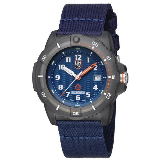 Navy blue and gray sports watch with a fabric strap.