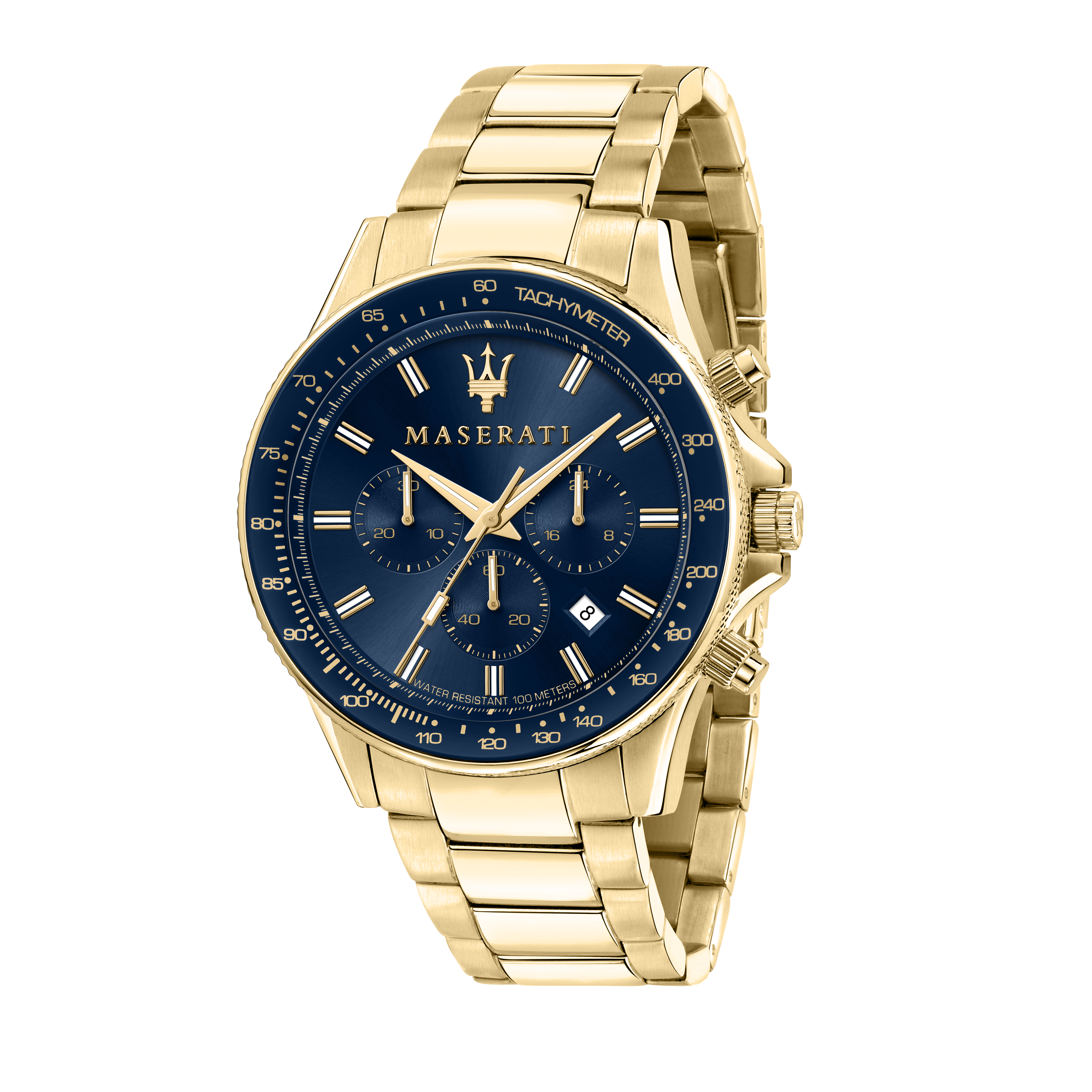 Gold-toned Maserati wristwatch with a blue dial face.