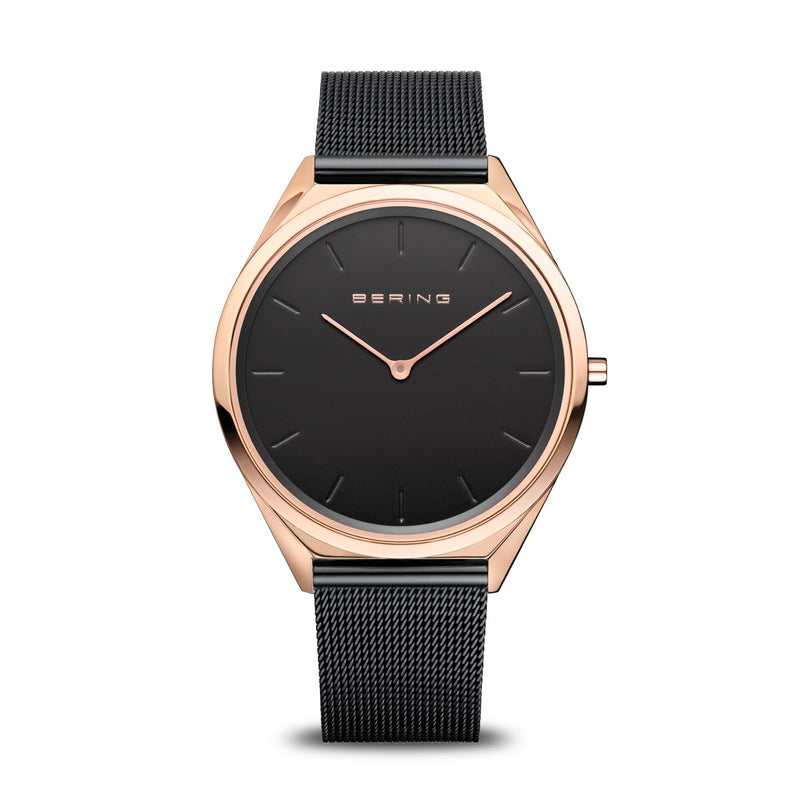 Bering Ultra Slim Polished Rose Gold Black Mesh Watch