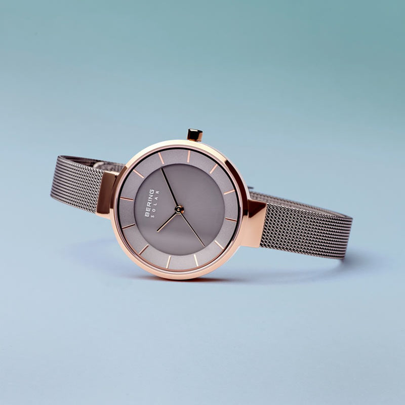 Bering Slim Solar Polished Rose Gold Grey Mesh Watch