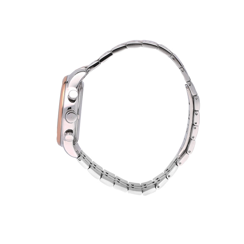 Stainless steel wristwatch with a rose gold-colored bezel and metallic link bracelet.