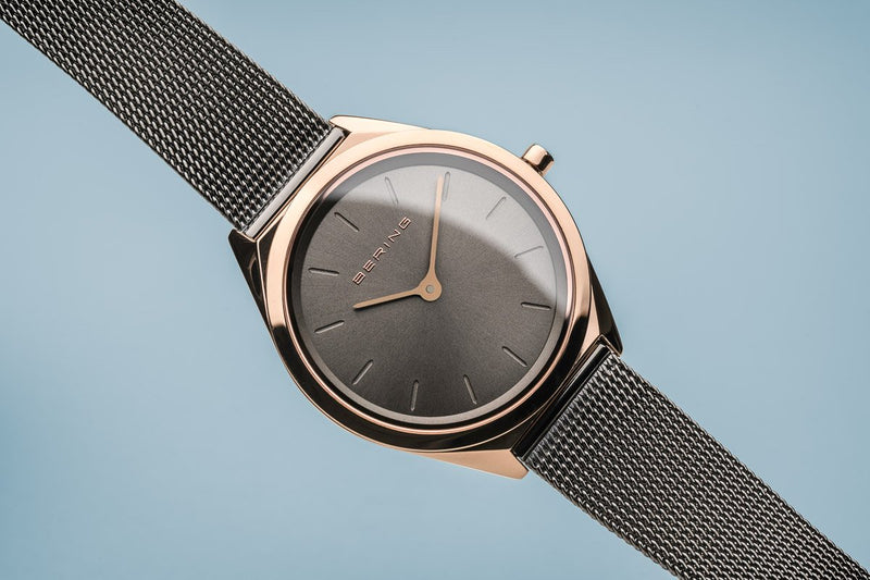 Bering Ultra Slim Polished Rose Gold Grey Mesh Watch