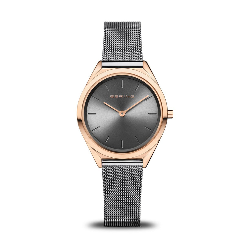 Bering Ultra Slim Polished Rose Gold Grey Mesh Watch