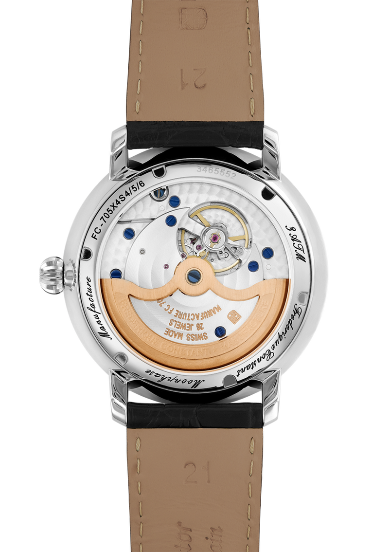 Mechanical watch movement visible through a transparent case back, attached to a leather strap.