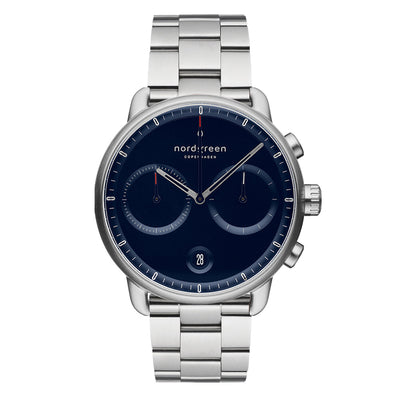 Stainless steel wristwatch with a navy blue dial and chronograph subdials.