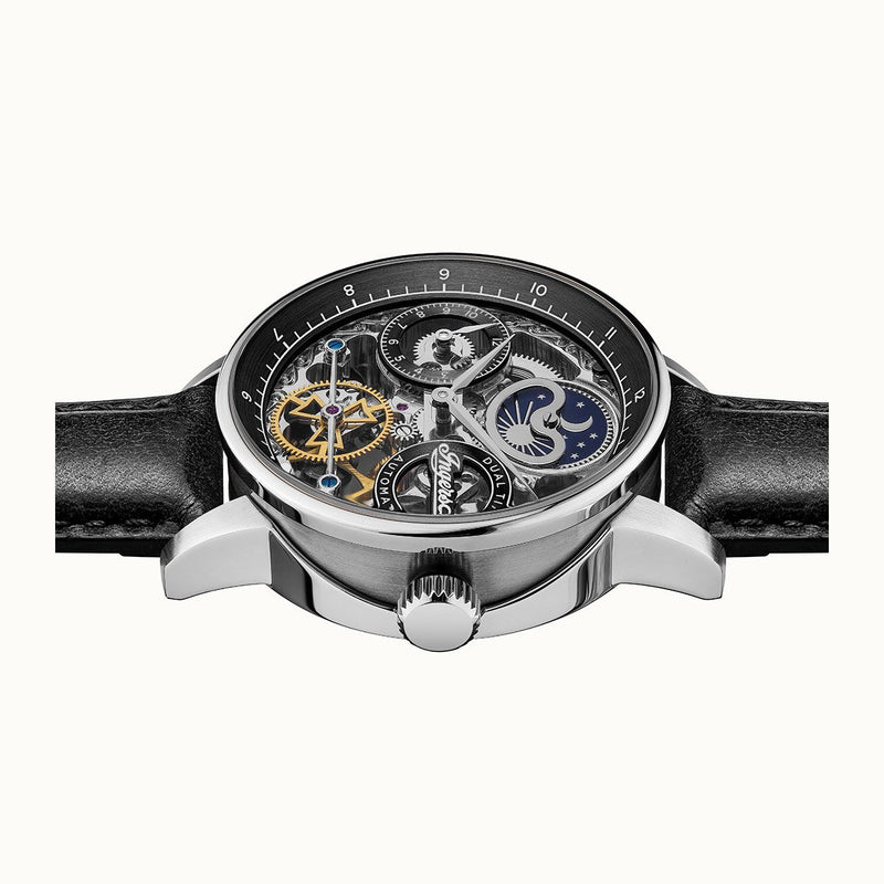 Luxury mechanical wristwatch with exposed intricate gears and mechanisms visible through the dial.