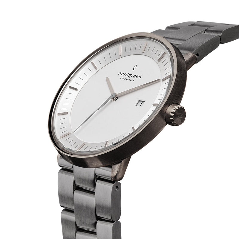 Sleek wristwatch with a minimalist white dial and metal bracelet.