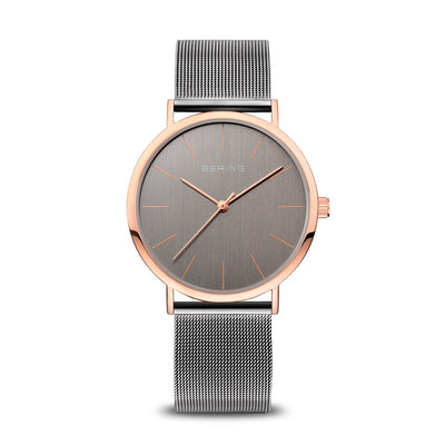 Bering Classic Polished Rose Gold Grey Mesh Watch