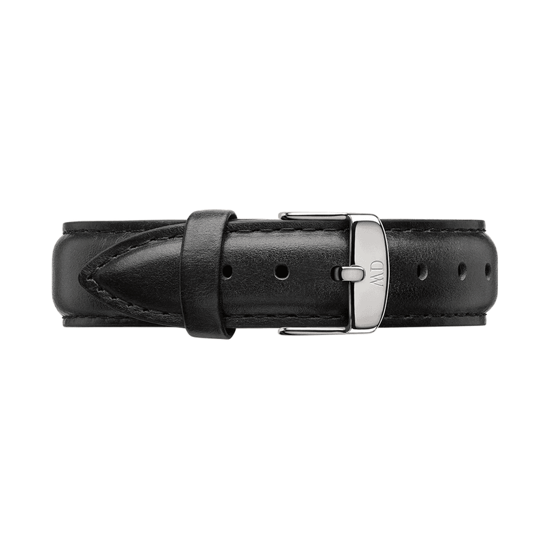 Black leather watch strap with a silver buckle.