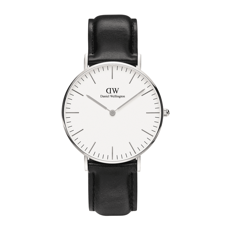 Classic wristwatch with a white face, silver case, and black leather strap.