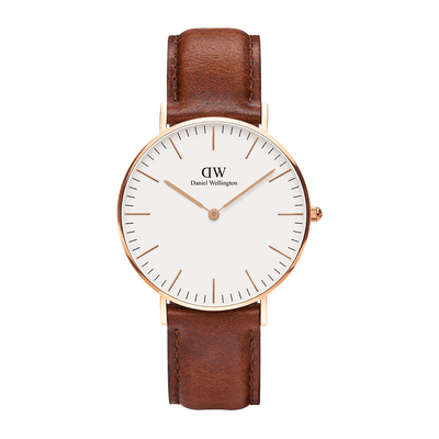 Elegant wristwatch with a brown leather strap and white face.