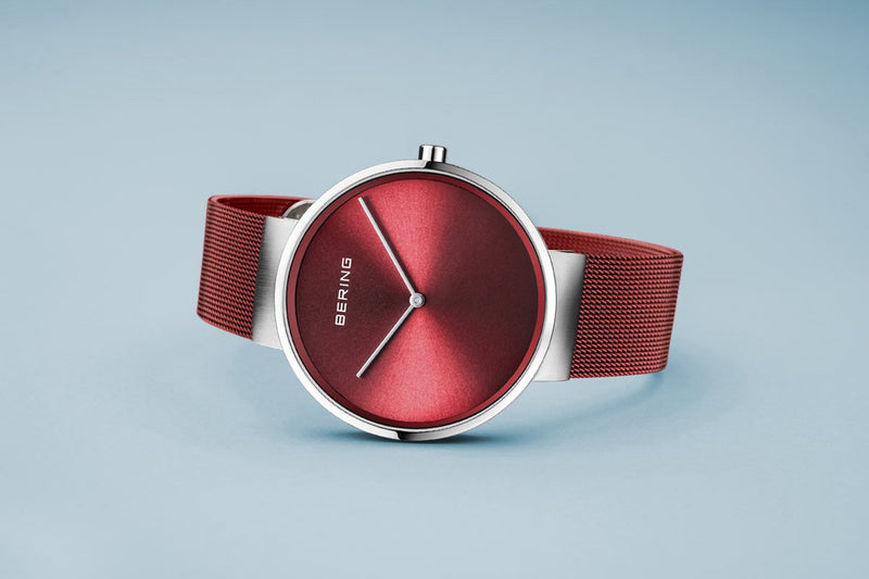 Bering Classic Brushed Silver Red Mesh Watch