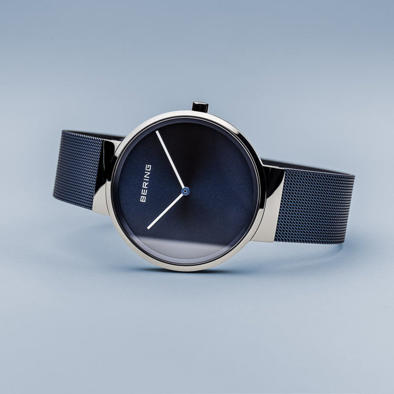 Bering Classic Brushed Silver Blue Milanese Mesh Watch