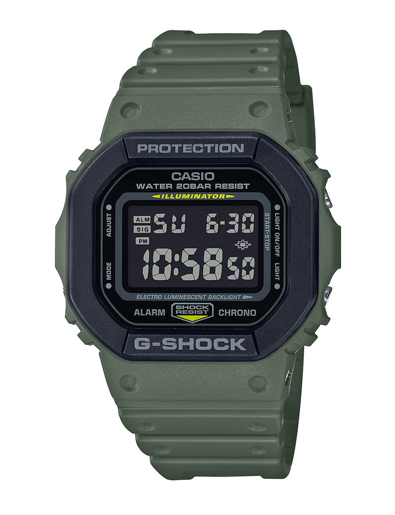 Rugged digital wristwatch with a square face and olive green band.