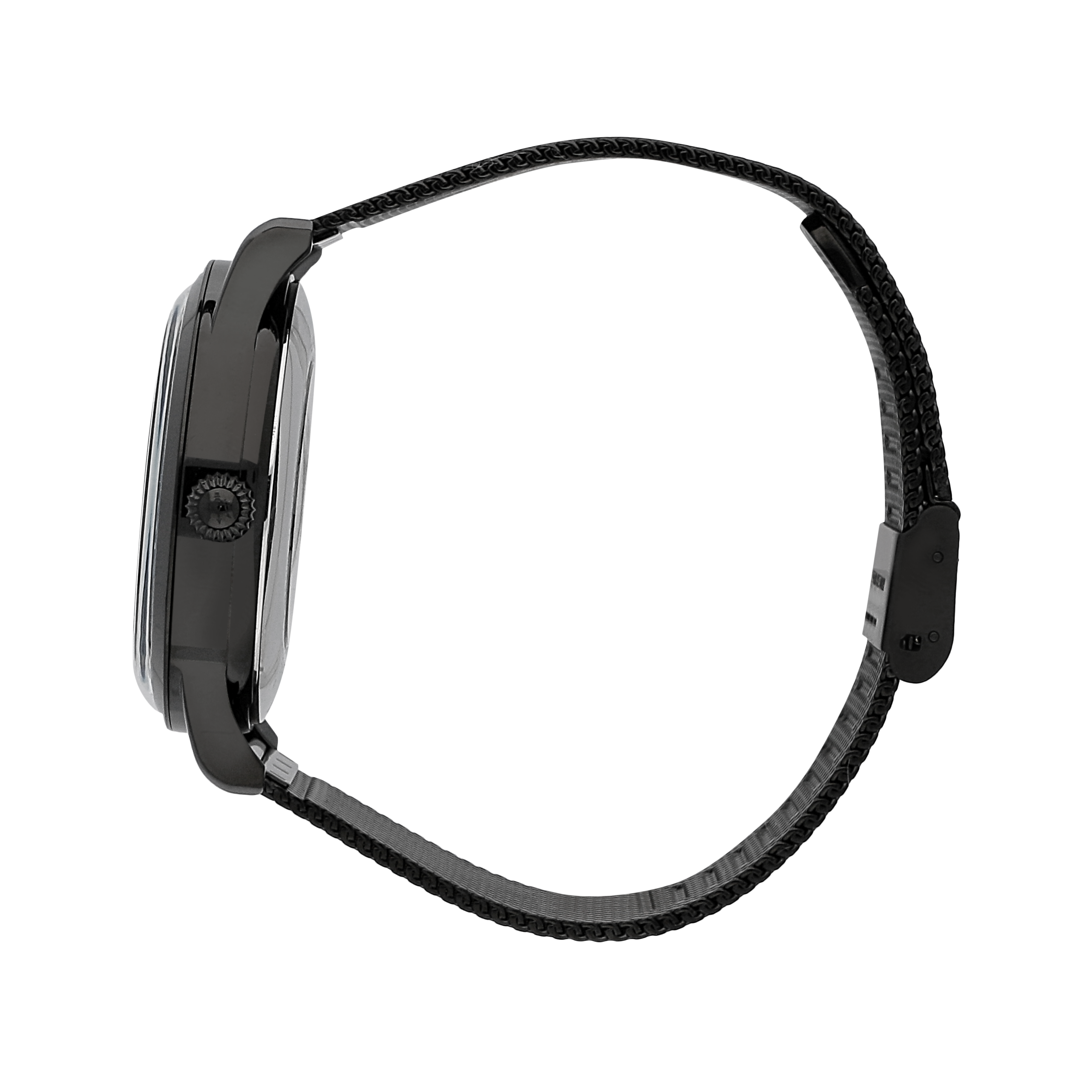 Black smartwatch with a round face and fabric strap.