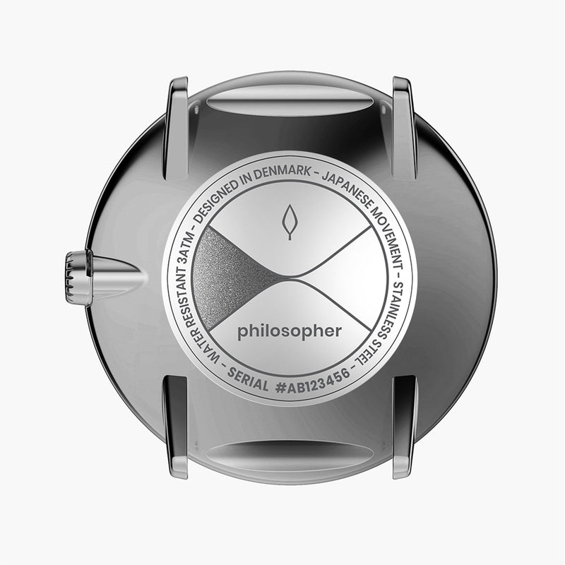 Sleek, minimalist wristwatch with a circular face displaying the word ’philosopher’ at its center.