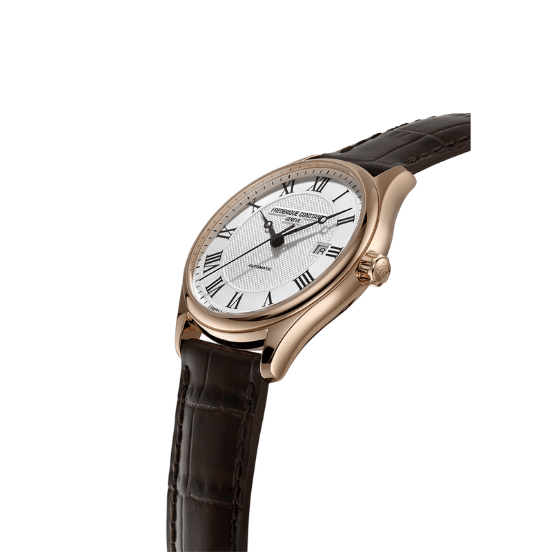 Elegant wristwatch with a rose gold case, white dial, and brown leather strap.