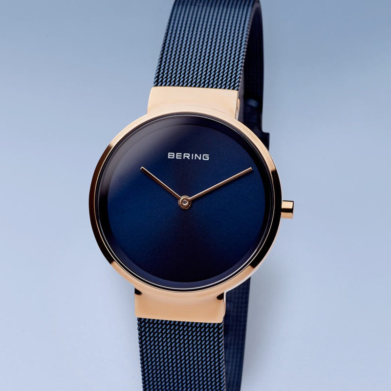 Bering Classic Polished Rose Gold Blue Mesh Watch