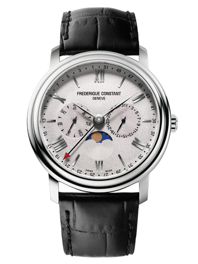 Luxury wristwatch with a white dial, multiple subdials, and a black leather strap.