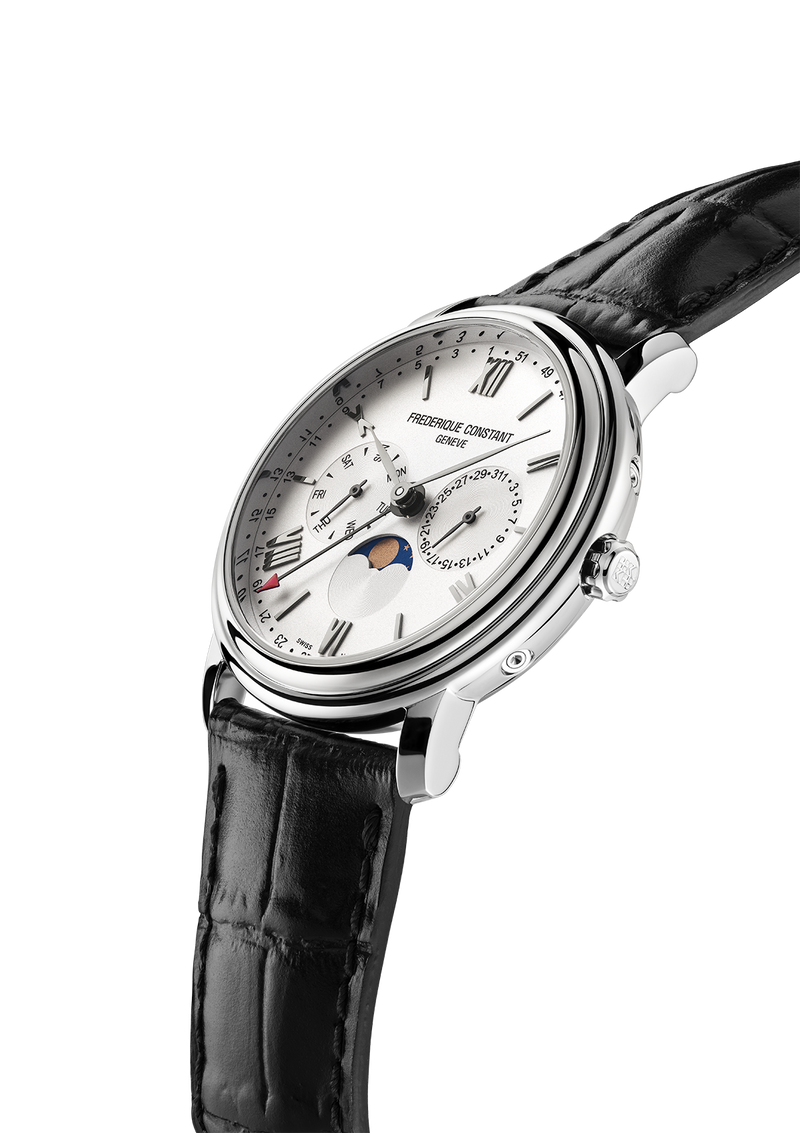 Elegant wristwatch with a white face, multiple dials, and a black leather strap.