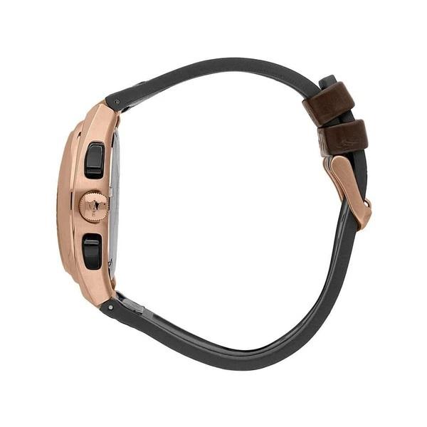 Rose gold smartwatch with a black rubber strap.