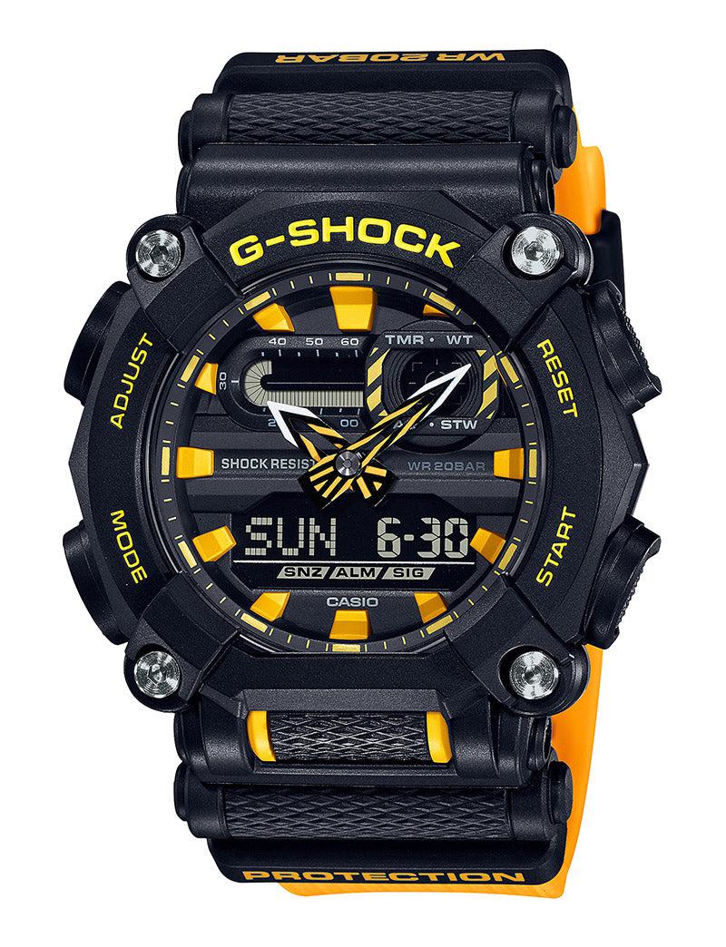 Rugged black and yellow G-Shock wristwatch with digital and analog displays.