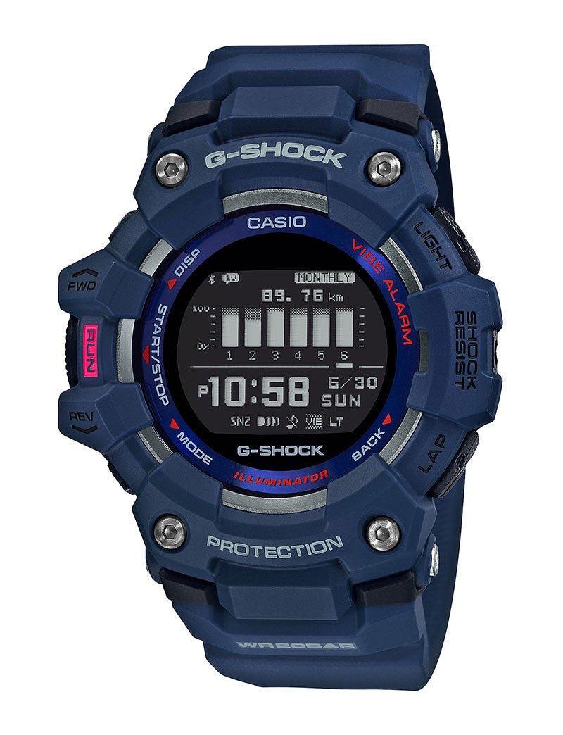 Navy blue G-Shock digital watch with a rugged design and multicolored accents.