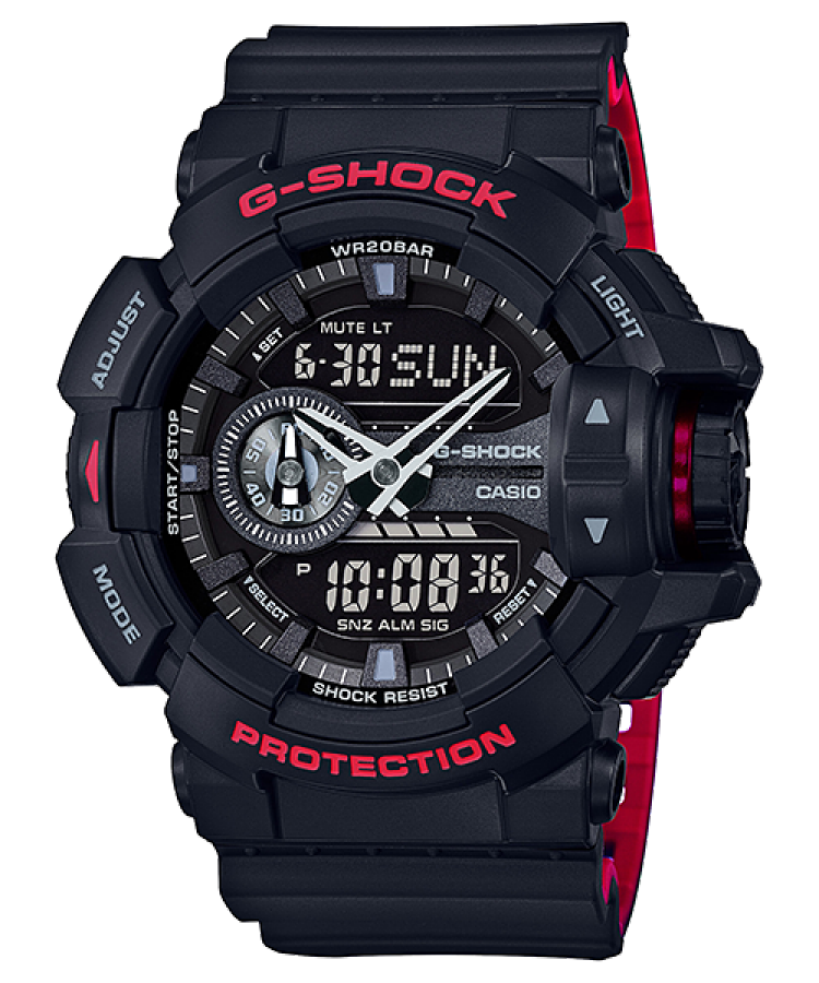 G-Shock watch with a black and red color scheme featuring both digital and analog displays.