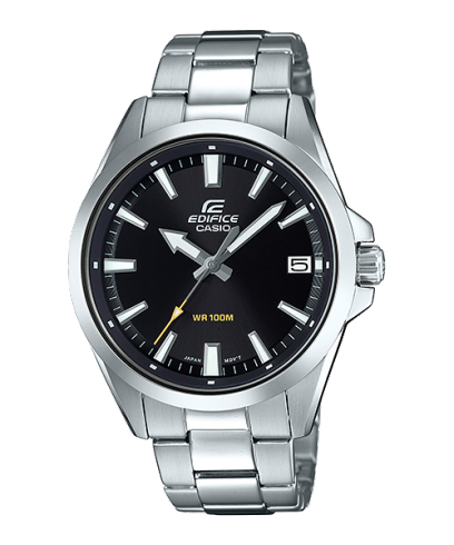 Silver wristwatch with a black dial and Edifice branding.