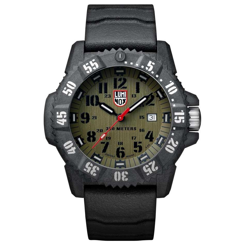 Rugged military-style wristwatch with a black case and olive green dial.