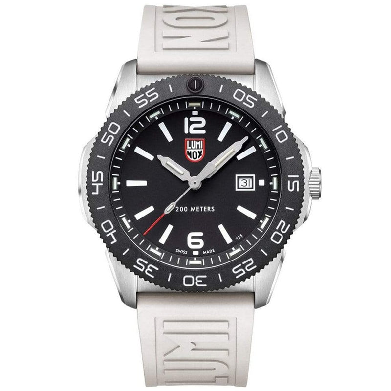 Luminox wristwatch with a black dial and white rubber strap.