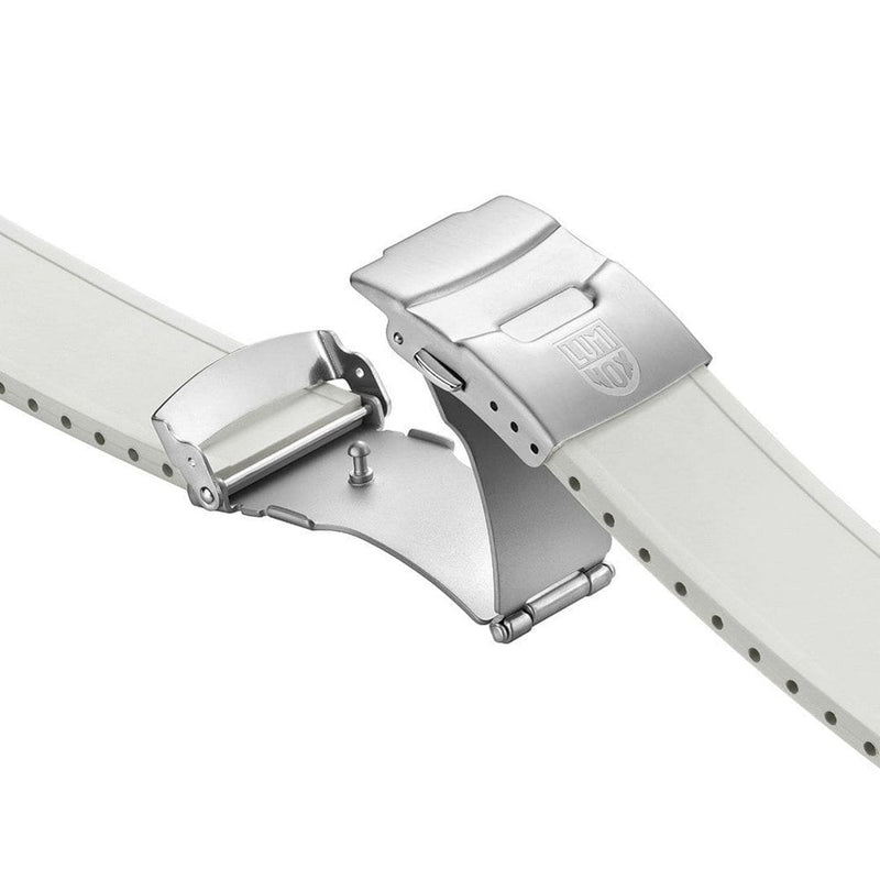 White leather watch strap with a silver deployant clasp.