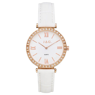 Jag Stone Encased White Leather and Rose Gold detail Women's Watch J2501