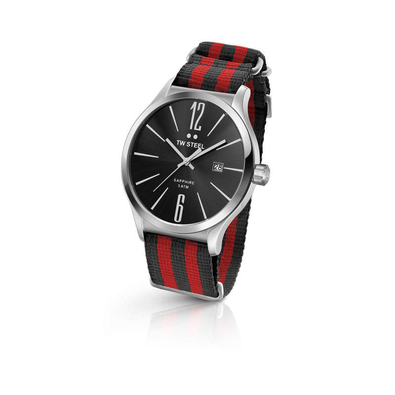 Wristwatch with a black dial and red-and-black striped fabric strap.