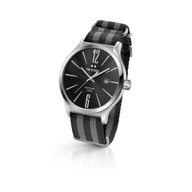 Wristwatch with a black dial and striped fabric band.