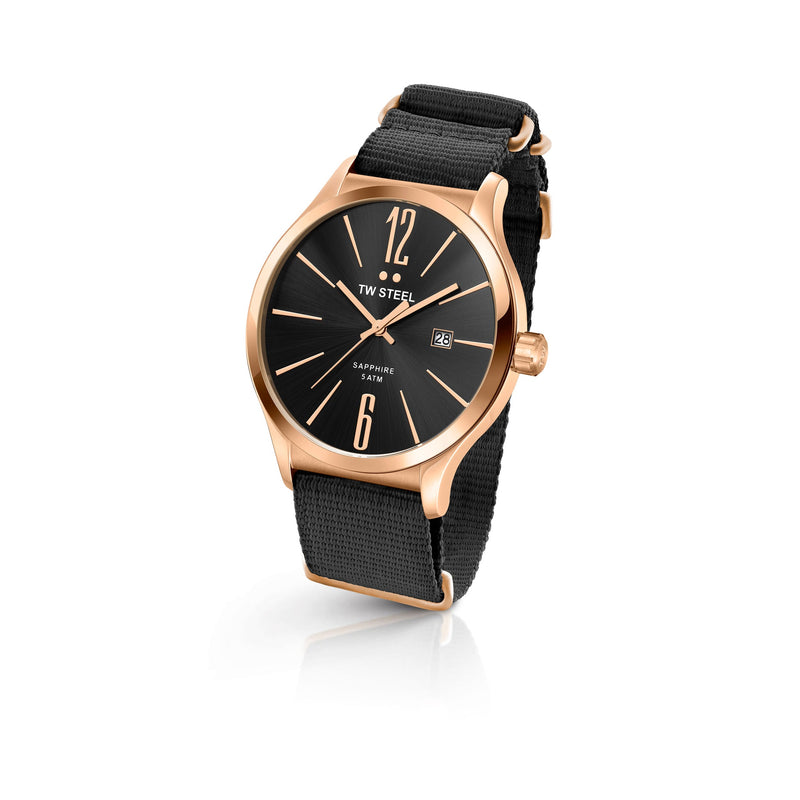 Elegant wristwatch with a black face and rose gold case on a black fabric strap.