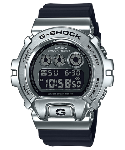 G-Shock digital watch with a silver metallic case and black band.